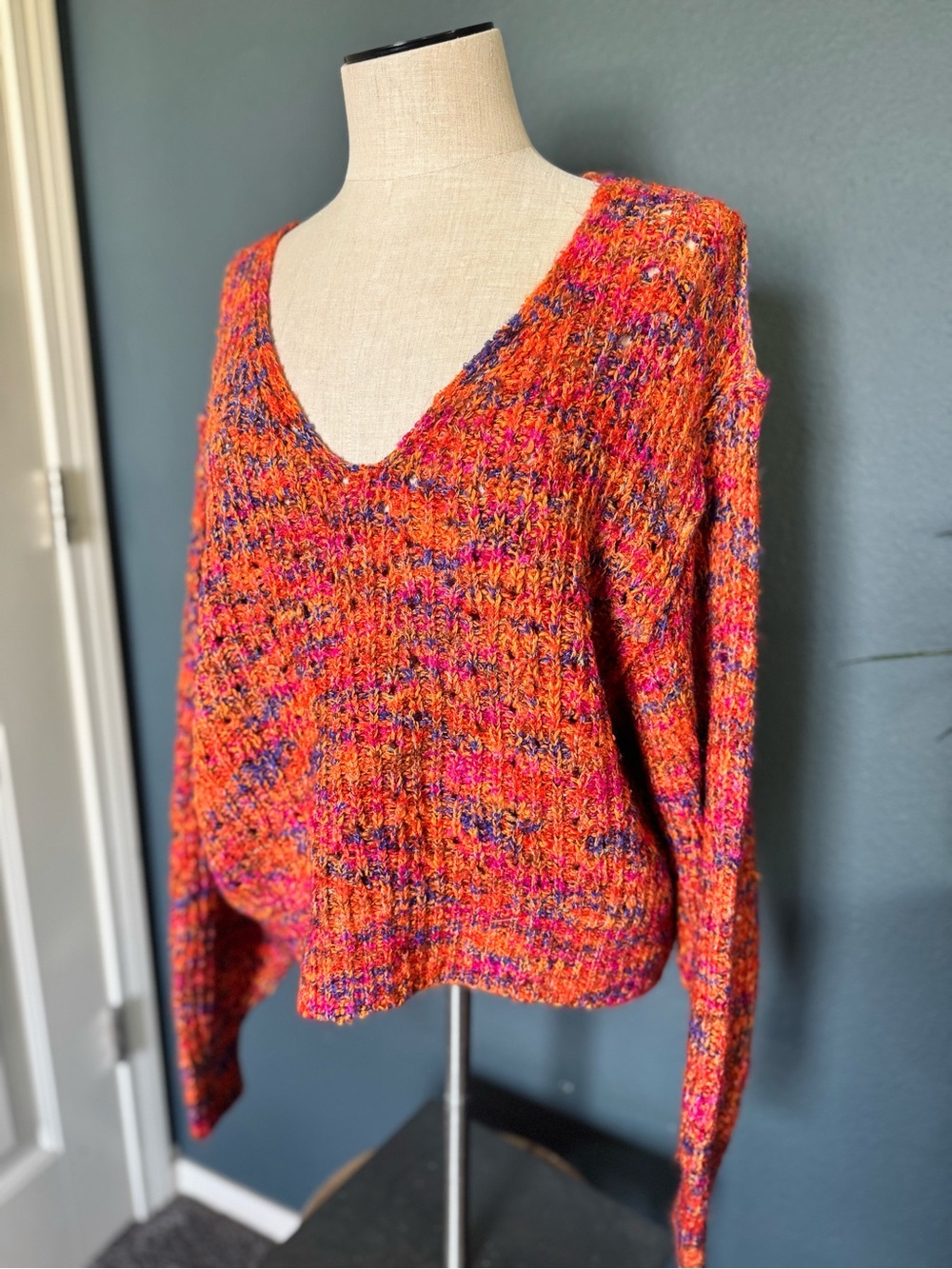 Free People Orange Pink Purple Multicolor V-Neck Sweater